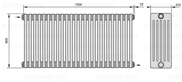 Схема (чертеж) Радиатор Zehnder Charleston 6090/24 №1670 Белый глянцевый RAL 9016